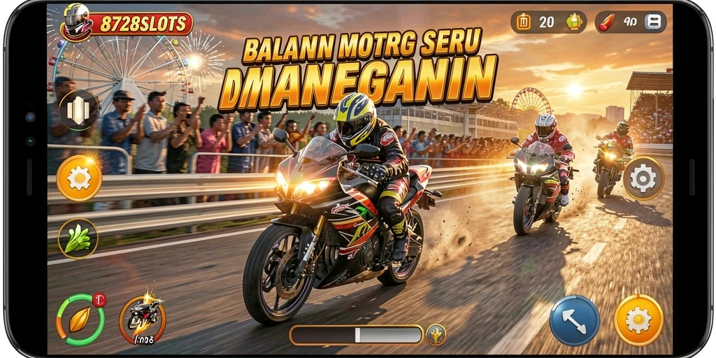 Tampilan gameplay seru dari 8728SLOTS dengan balapan motor yang cepat.