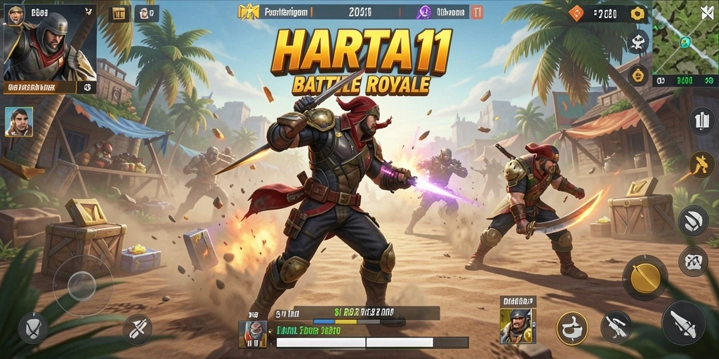 Screenshot utama HARTA11 menampilkan aksi pertarungan Battle Royale yang intens.