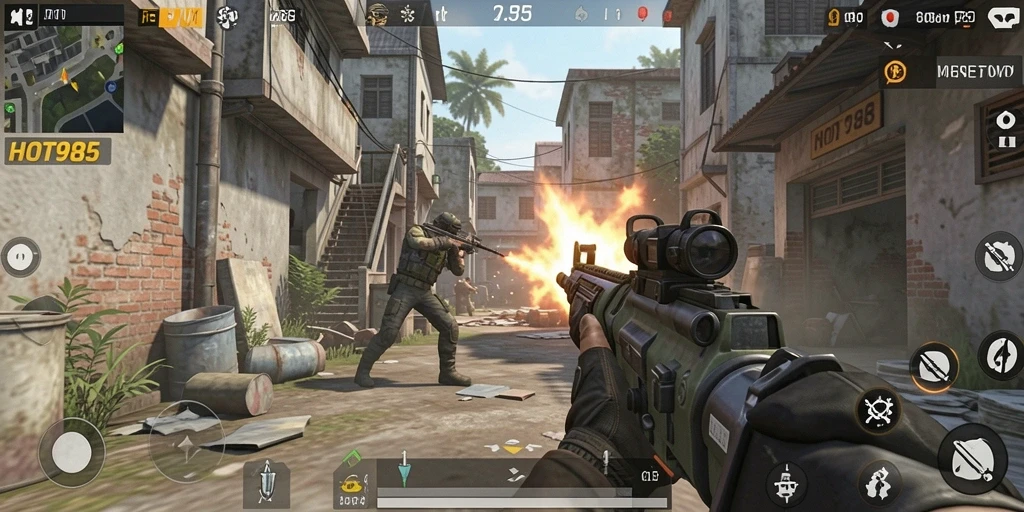 Screenshot menampilkan aksi intens dalam game FPS HOT985.