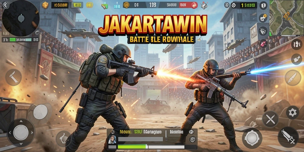 Menampilkan gameplay dinamis JAKARTAWIN dalam pertempuran Battle Royale.