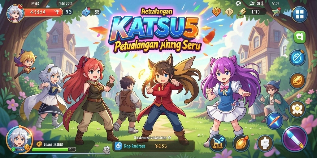 Screenshot gameplay KATSU5 menampilkan karakter anime yang dinamis dan penuh warna.