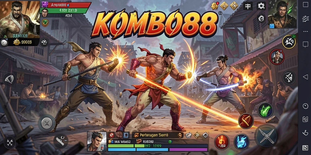 Tampilan epic pertarungan dalam KOMBO88 dengan karakter beragam.