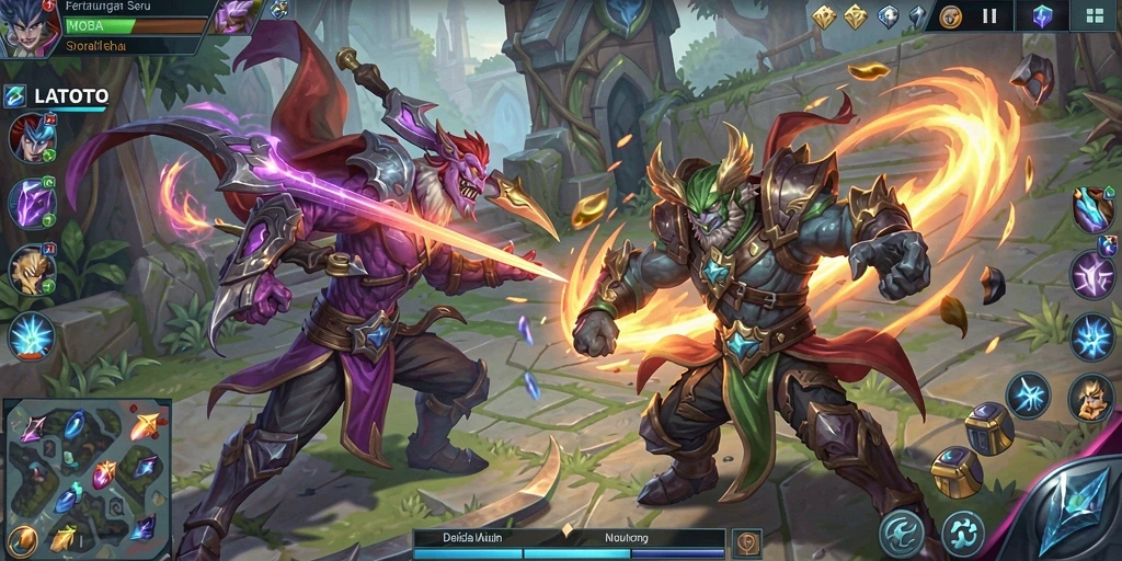 Screenshot LATOTO menunjukkan aksi gameplay intens dalam mode MOBA.