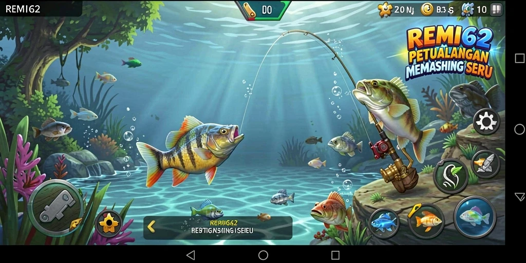 Screenshot gameplay REMI62 menampilkan aksi memancing yang seru dan menantang.