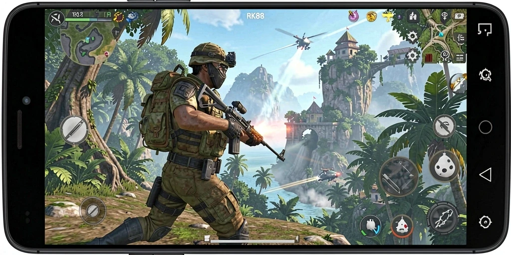 Tangkapan layar gameplay RK88 yang penuh aksi dalam pertempuran TPS.
