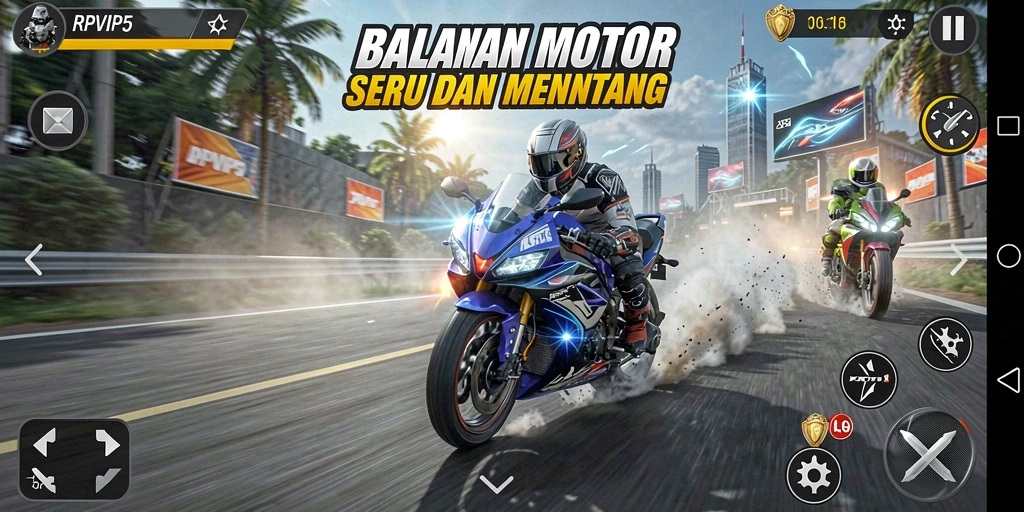 Gameplay seru RPVIP5 dengan balapan motor yang menegangkan.
