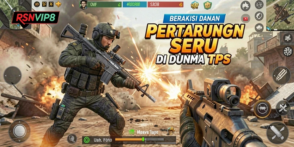 Tangkapan layar utama gameplay RSNVIP8 menampilkan pertarungan seru di arena TPS.