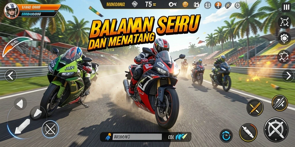 Screenshot gameplay T6 menunjukkan aksi balapan motor yang seru.