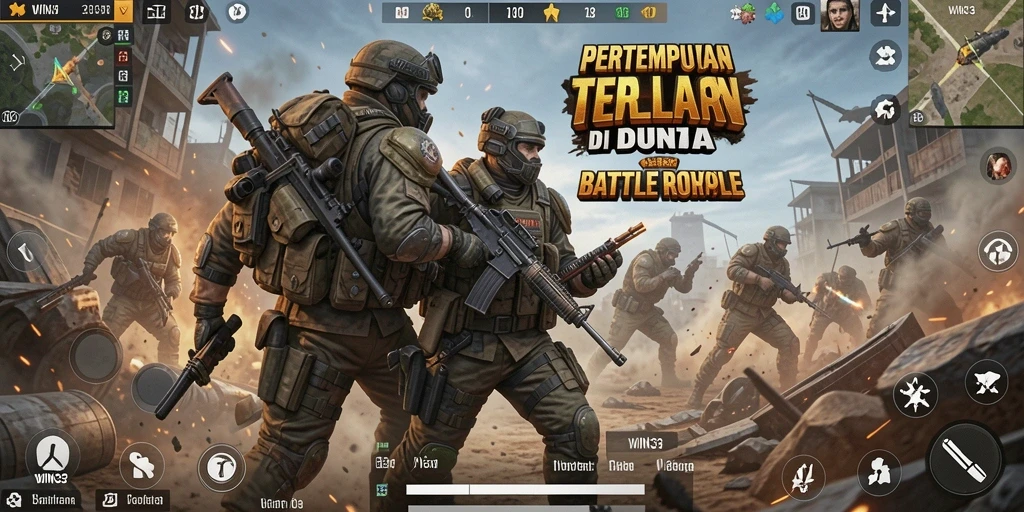 Screenshot WIN33 menunjukkan aksi intens dalam pertempuran Battle Royale.